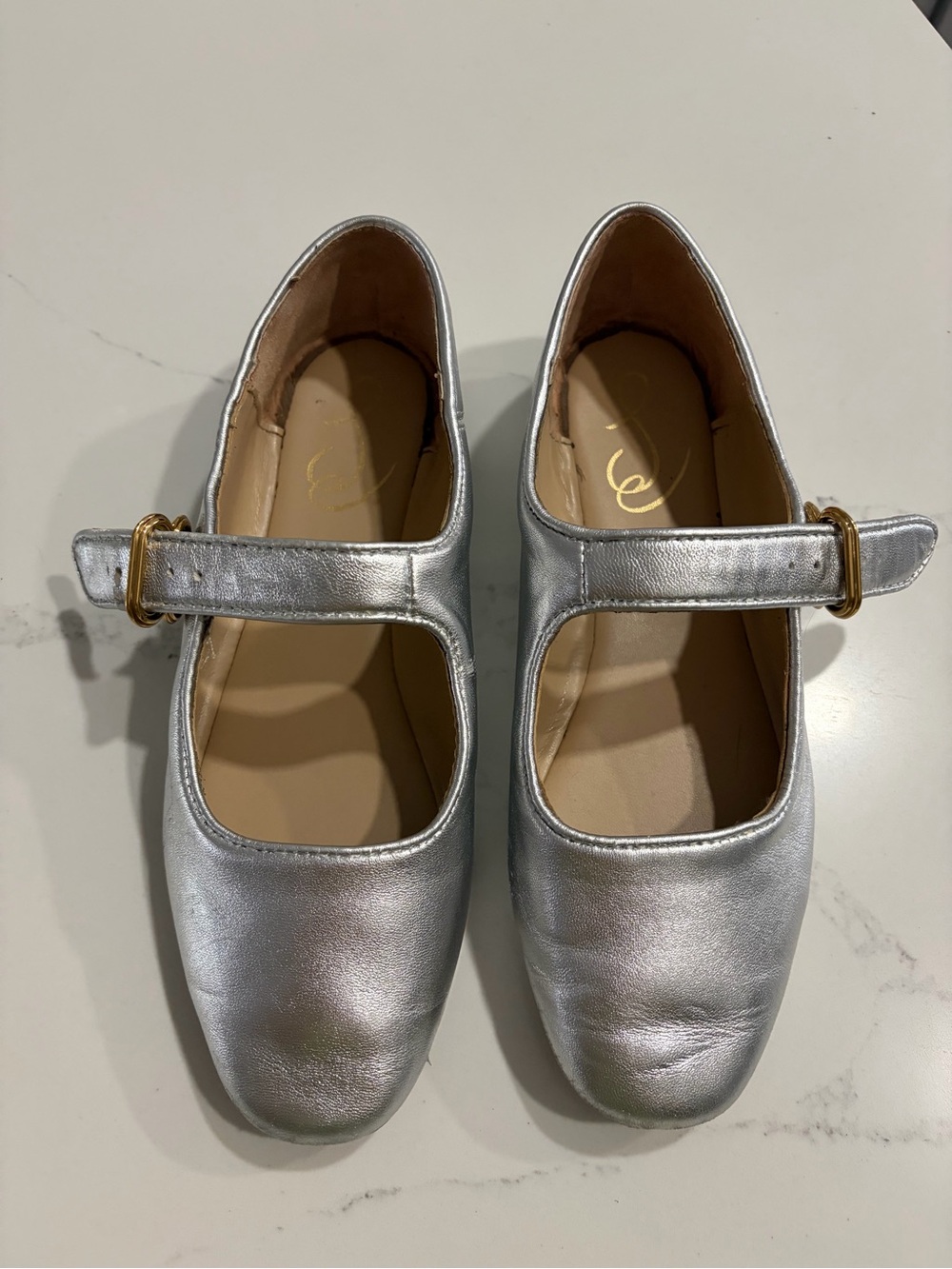 Sam Edelman Metallic Silver Mary Jane Flats with Gold Buckle Accent